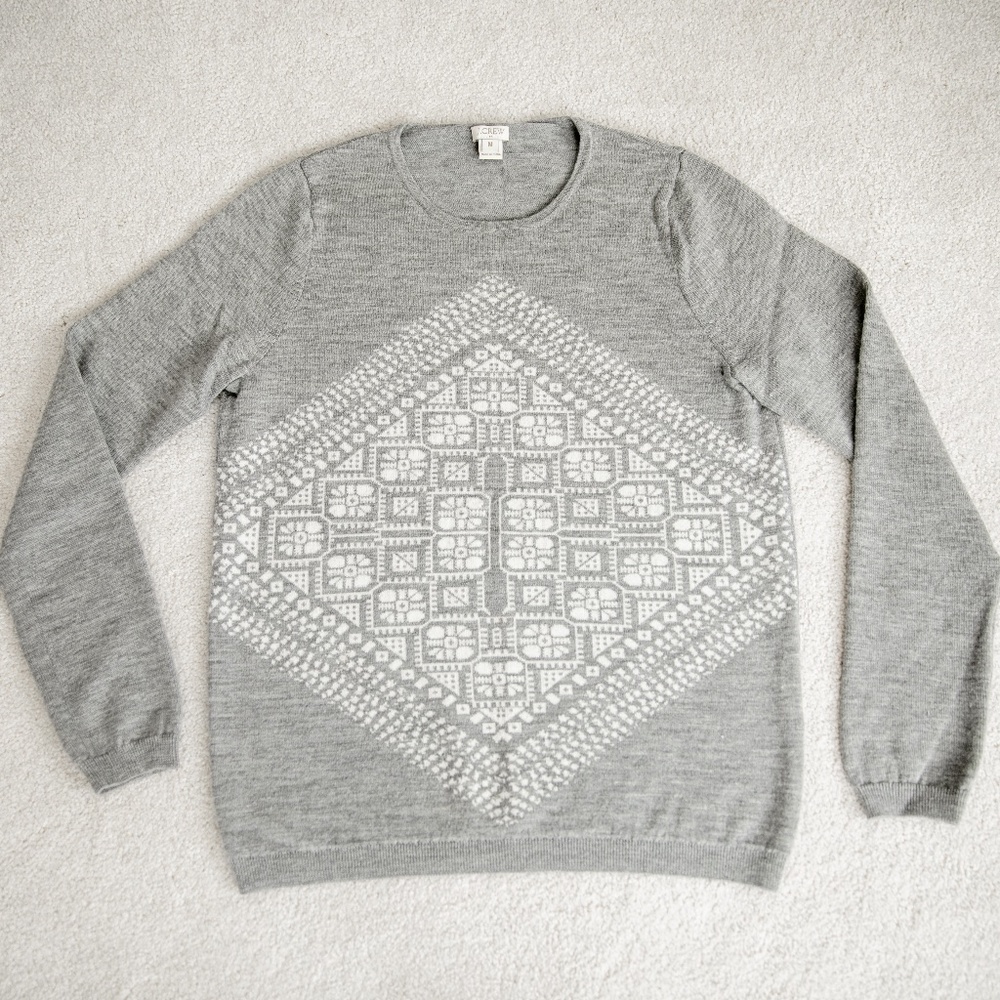 J Crew Geometric Graphic Merino Wool Sweater Grey Sz M
